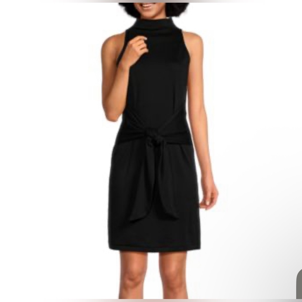 NWOT VINCE Black Sleeveless Mock Neck Front Tie Pima Cotton Dress size S